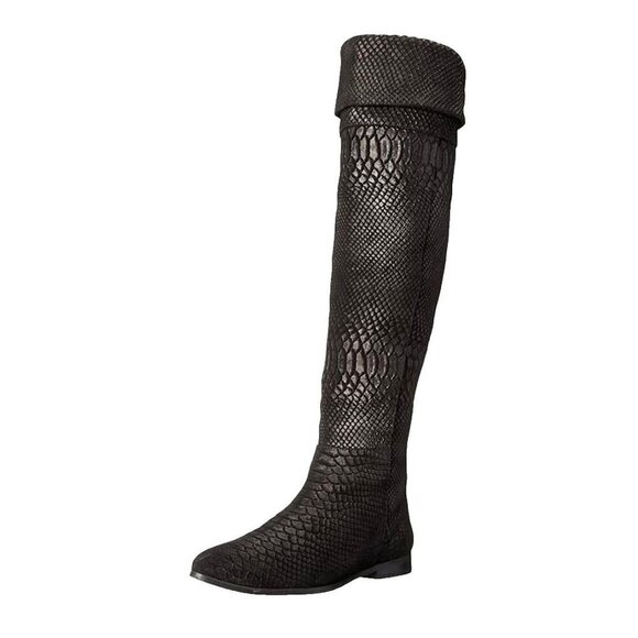 Seychelles Anthropologie Black Victory Croc Over The Knee Boots Leather size 6 - Picture 1 of 16